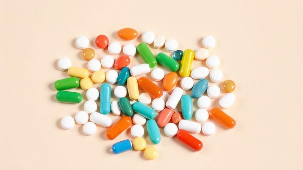 A collection of various pills and capsules scattered on a neutral background, symbolizing medications to be cautious of when using Semaglutide.
