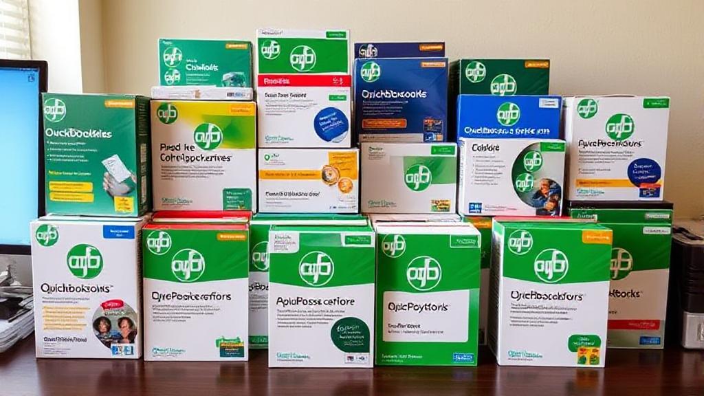 A diverse array of QuickBooks software boxes displayed on a desk, symbolizing the variety of options available for different business needs.