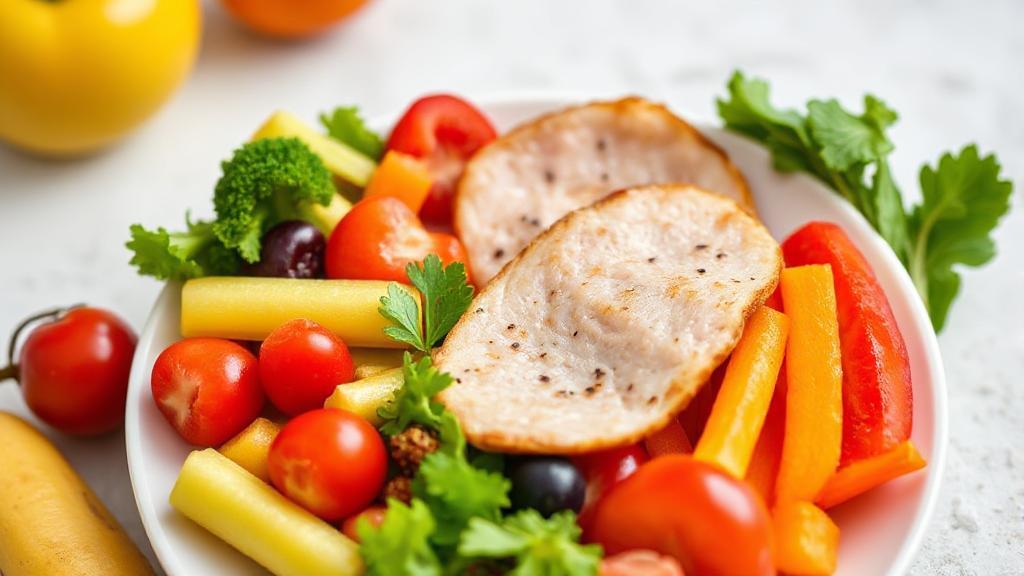 A balanced plate of colorful fruits, vegetables, and lean proteins, symbolizing a healthy diet while managing calorie intake on semaglutide.