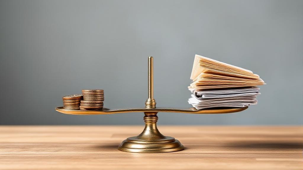 A balanced scale with coins on one side and financial documents on the other, symbolizing the concept of liabilities in accounting.