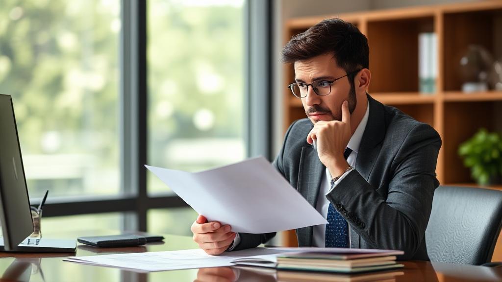 A thoughtful employee reviewing documents at a desk, symbolizing the decision-making process in workers' compensation settlements.