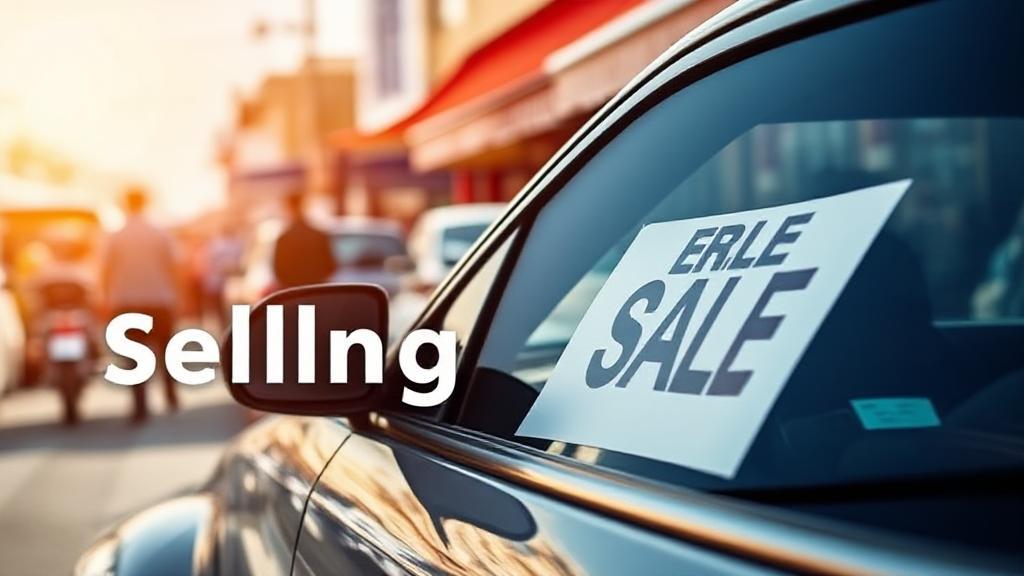 A dynamic image of a car with a "For Sale" sign parked in a bustling marketplace, symbolizing various selling options.