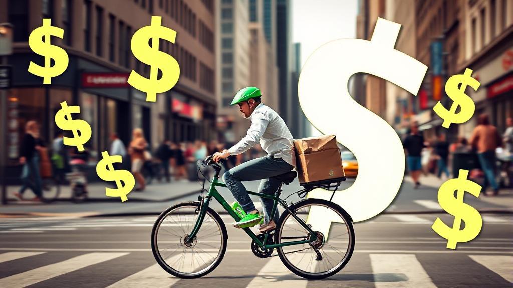 A dynamic image of a DoorDash delivery driver on a bicycle, navigating through a bustling city street, with dollar signs subtly integrated into the background.