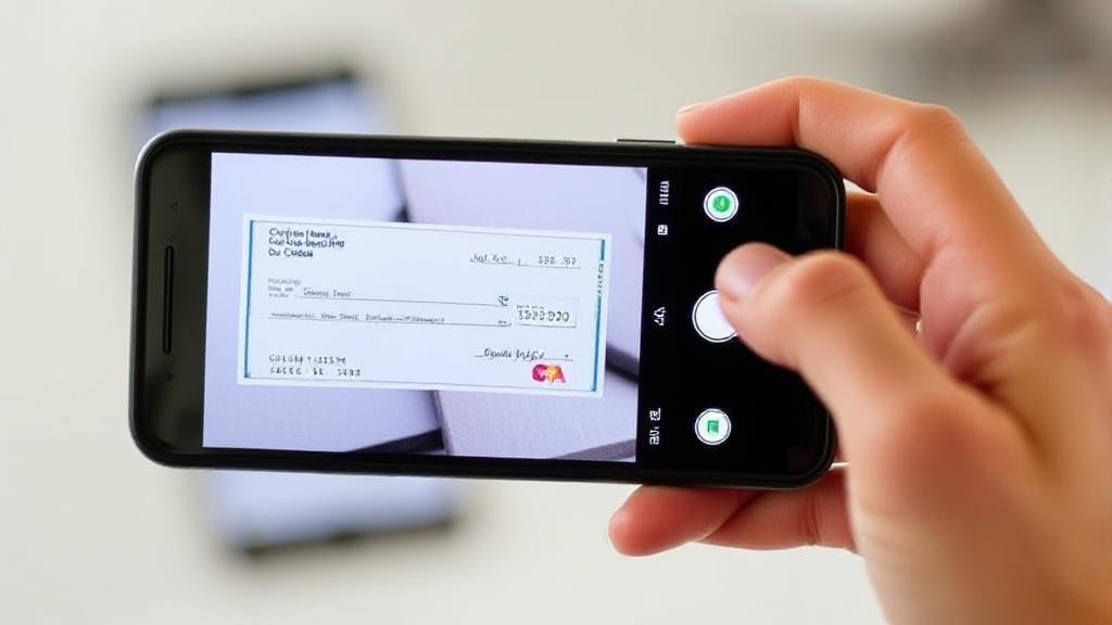A smartphone capturing an image of a check with a digital banking app interface in the background.