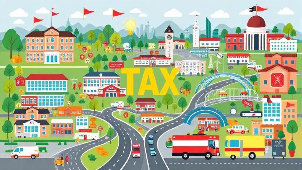 A vibrant collage depicting various public services and infrastructure, including schools, hospitals, roads, and emergency services, symbolizing the allocation of tax dollars.