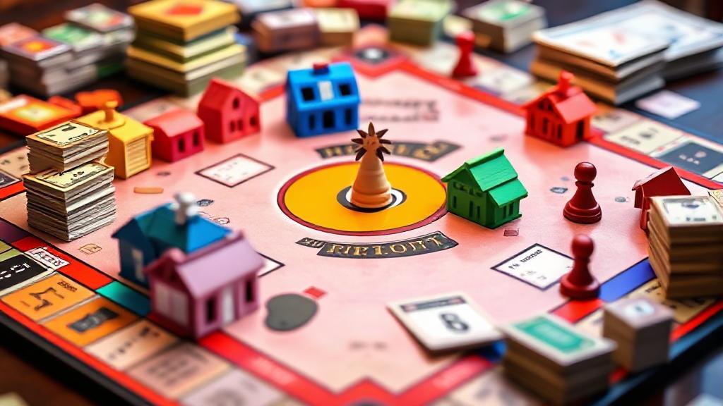A vibrant image of a Monopoly board mid-game, with colorful properties, stacks of money, and game pieces strategically positioned, capturing the essence of competitive play.