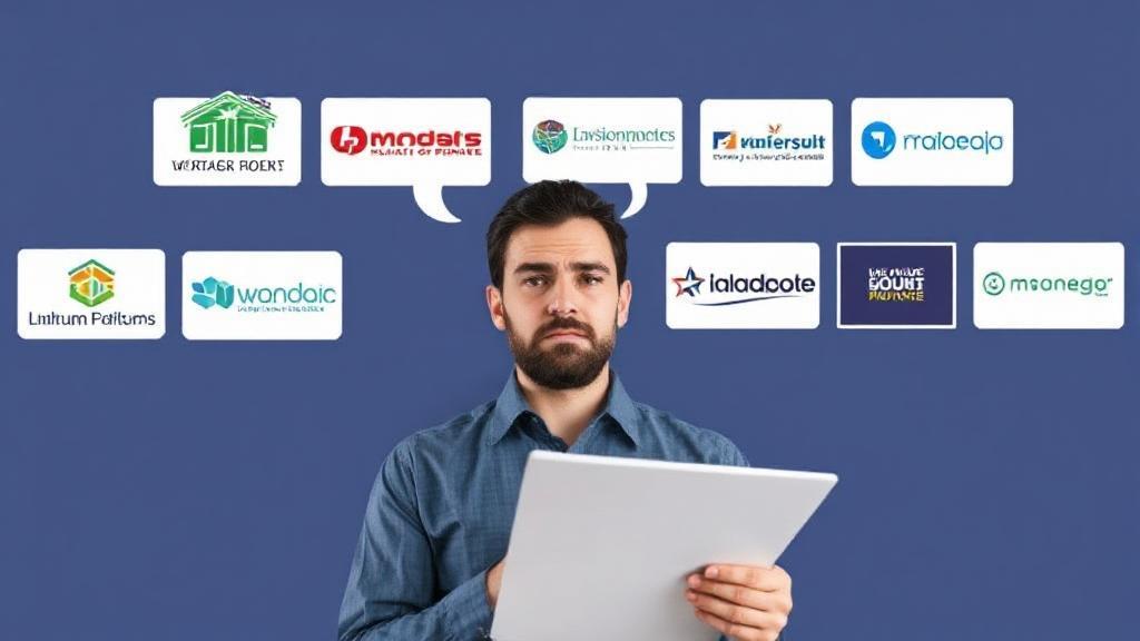 A thoughtful homebuyer reviews multiple mortgage lender options, symbolized by a diverse array of lender logos and application forms.