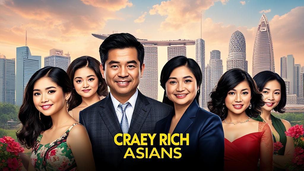 A vibrant collage featuring the main cast of "Crazy Rich Asians" against a backdrop of opulent Singaporean landmarks.