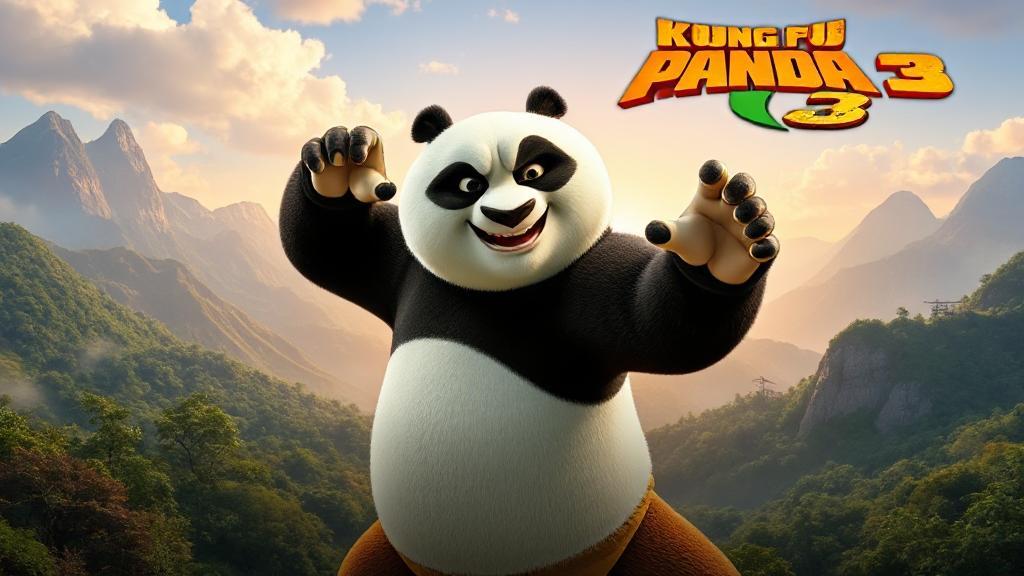 A vibrant image of Po the panda striking a kung fu pose amidst a lush, mountainous landscape, symbolizing the adventurous spirit of "Kung Fu Panda 3."