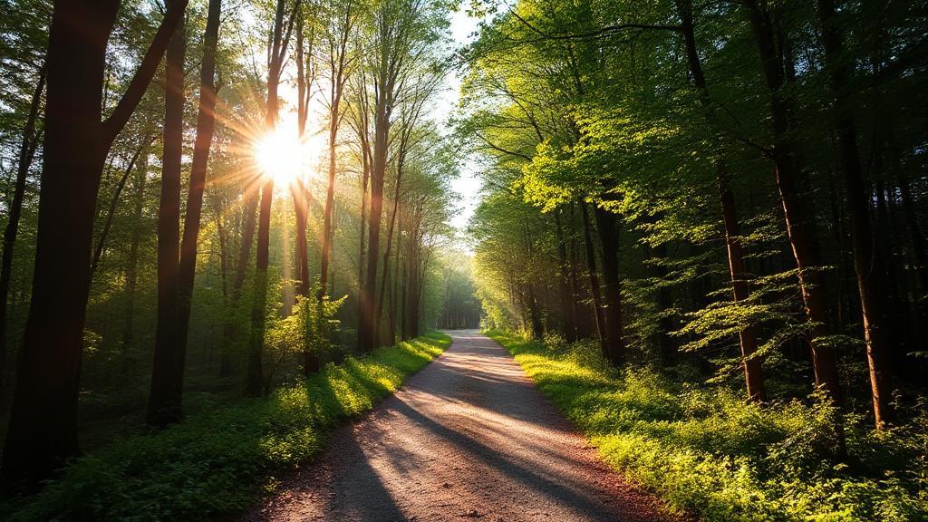 A serene, sunlit path through a lush forest, symbolizing the journey from self-doubt to self-acceptance.