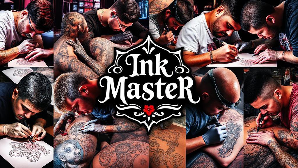A vibrant collage of tattoo artists intensely working on intricate designs, set against a backdrop of the Ink Master logo.