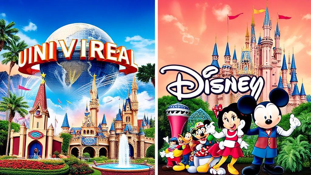 A vibrant collage featuring iconic attractions from both Universal Studios and Disney Parks, showcasing the thrilling rides and beloved characters that define each destination.