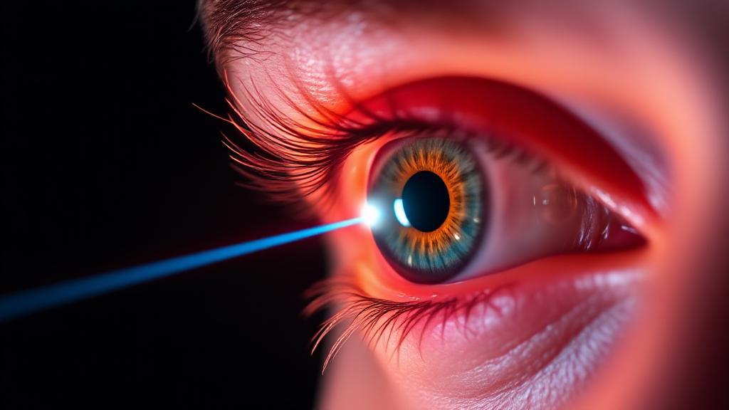 A close-up image of a laser beam precisely targeting an eye, symbolizing the correction of astigmatism through laser eye surgery.