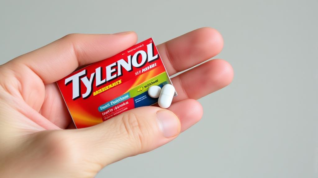 A close-up image of a hand holding a Tylenol and an Advil pill against a neutral background.