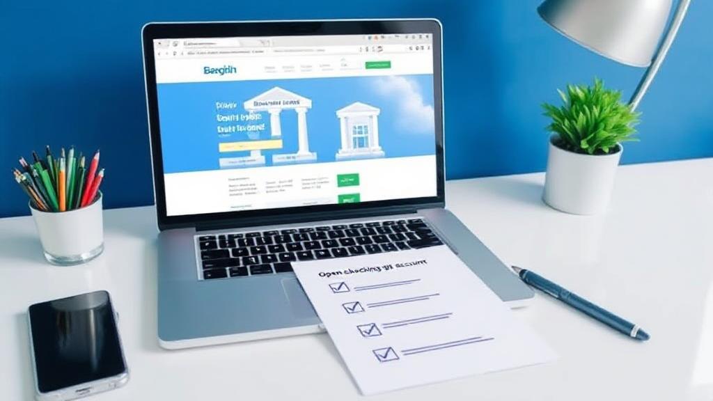 A neatly arranged desk with a laptop displaying a banking website, a checklist, and a pen, symbolizing the steps to open a checking account.