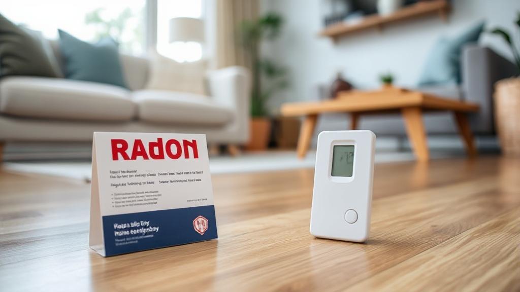 A close-up image of a radon test kit placed on a wooden floor in a modern living room, highlighting the importance of home safety.
