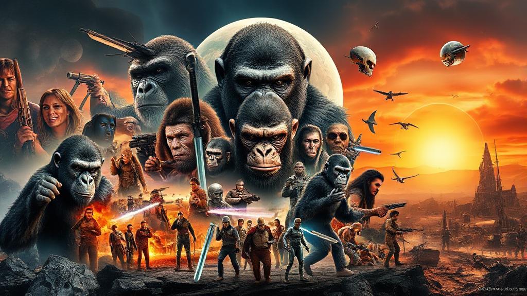 A dynamic collage featuring iconic scenes and characters from the Planet of the Apes movies and TV shows, set against a backdrop of a dystopian landscape.
