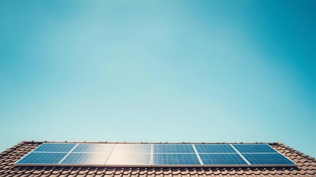A rooftop adorned with gleaming solar panels under a bright blue sky, symbolizing sustainable energy and cost efficiency.