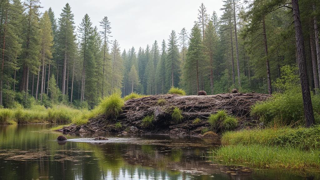 A serene landscape featuring a beaver dam nestled in a lush forest, illustrating the harmonious relationship between beavers and their environment.