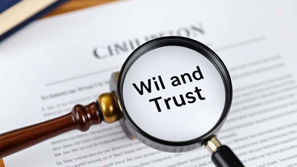 A gavel resting on a legal document with a magnifying glass highlighting the words "Will and Trust."