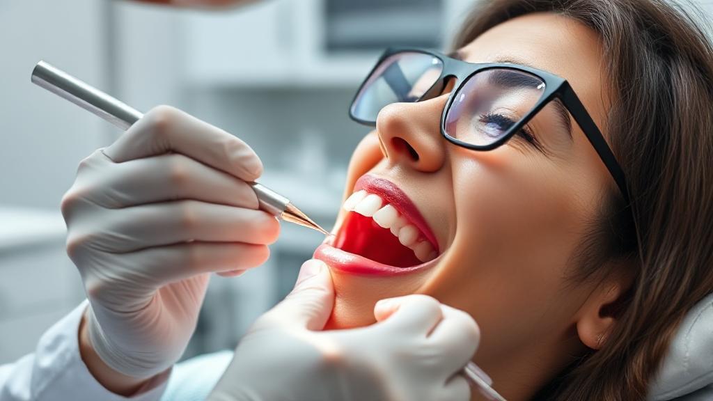 A close-up image of a dentist carefully placing a dental crown on a patient's tooth in a modern dental clinic.