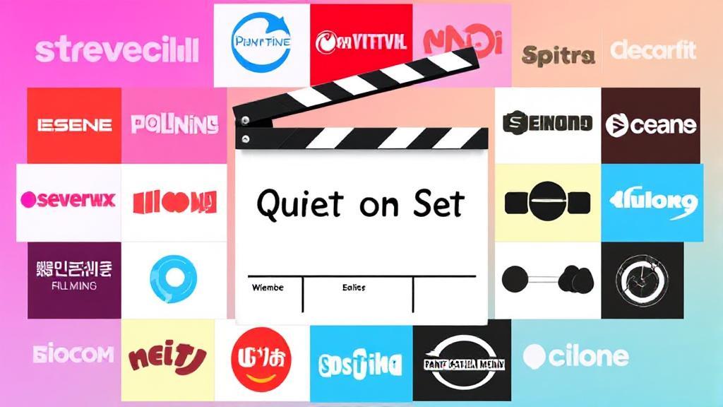 A vibrant collage of streaming platform logos surrounding a film clapperboard, symbolizing the availability of "Quiet on Set" online.