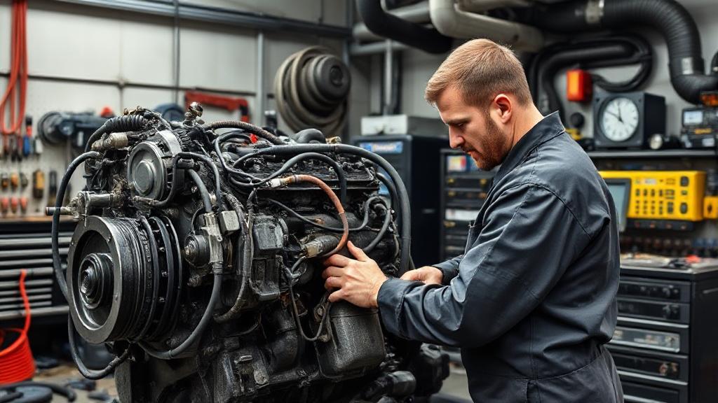 A diesel mechanic working on an engine in a well-equipped garage, surrounded by tools and diagnostic equipment.