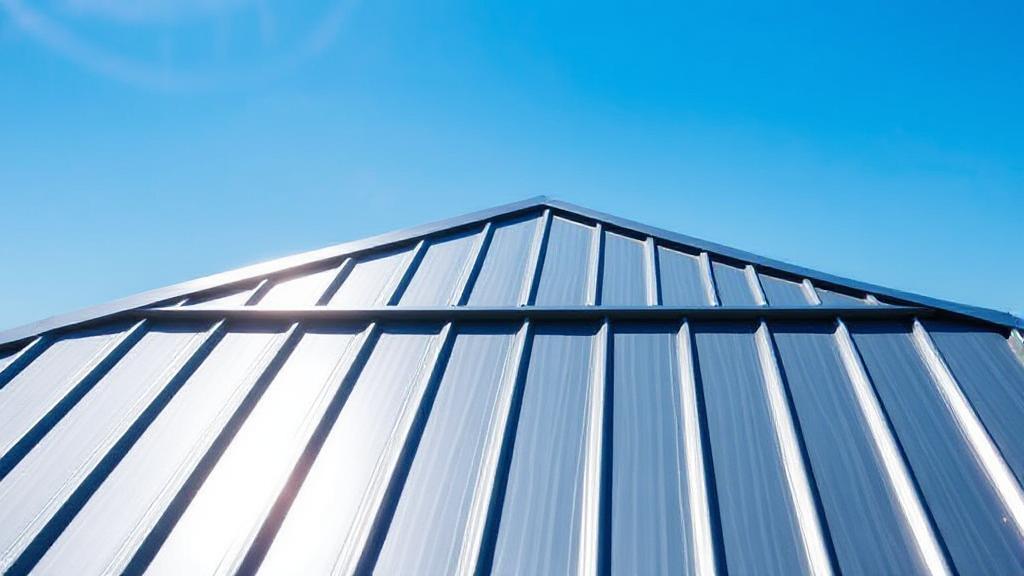 A sleek metal roof glistening under the sun, showcasing its durability and modern aesthetic against a clear blue sky.