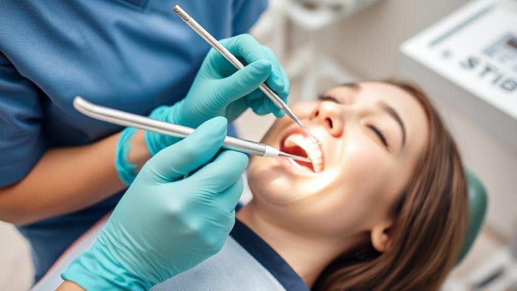 A close-up image of a dental hygienist's gloved hands holding dental cleaning tools next to a reclining patient in a dentist's chair.