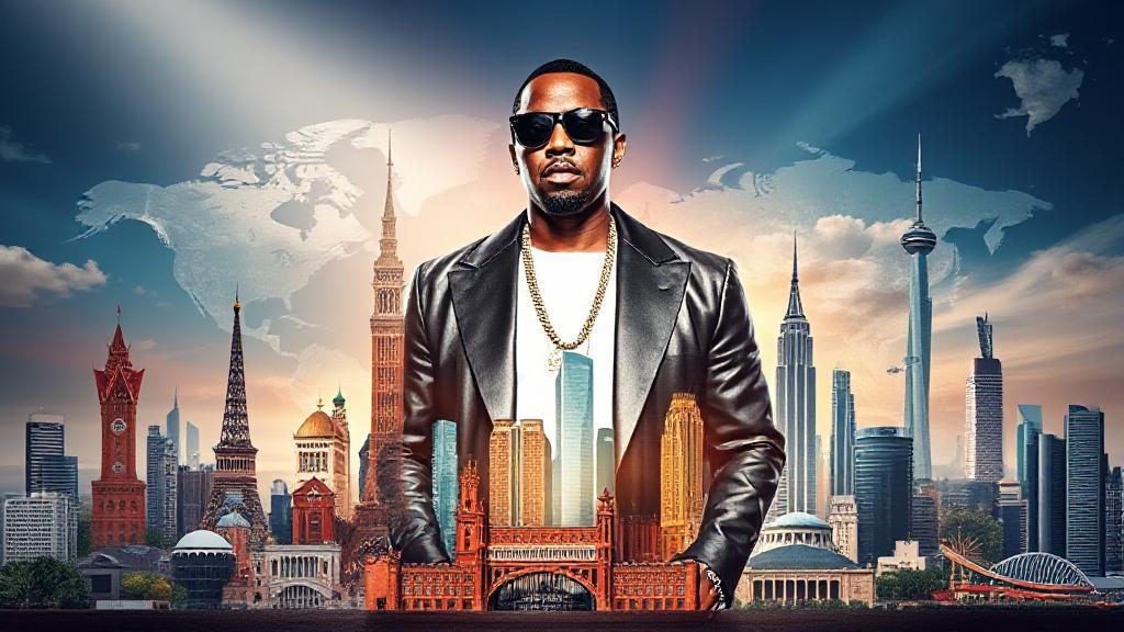 A dynamic collage of global landmarks with a spotlight on P Diddy, symbolizing his international presence and influence.