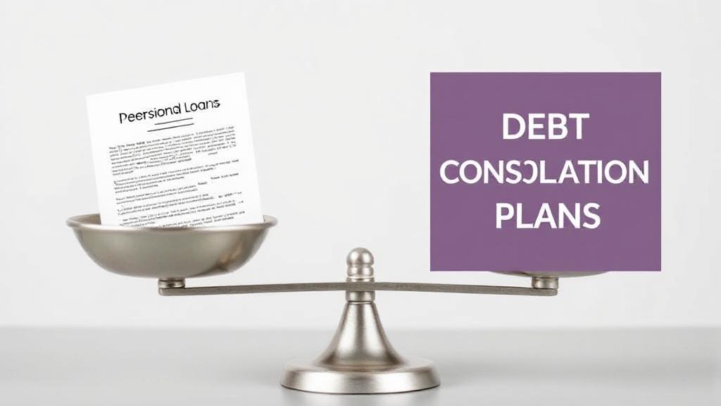 A balanced scale with a personal loan document on one side and a debt consolidation plan on the other, symbolizing the decision-making process in managing debt.