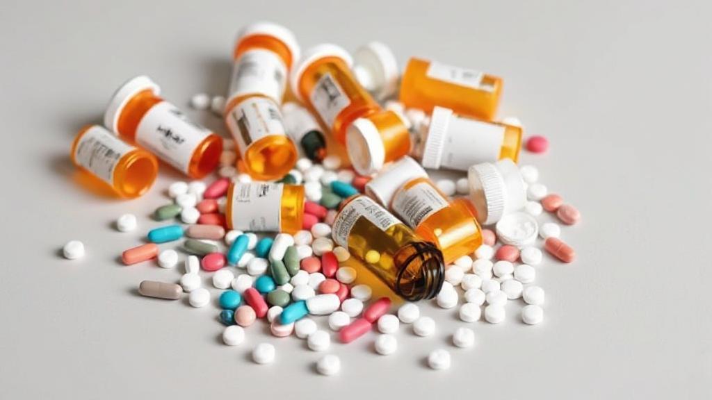 A collection of various prescription pill bottles and tablets scattered on a neutral background, symbolizing commonly used opioid medications.