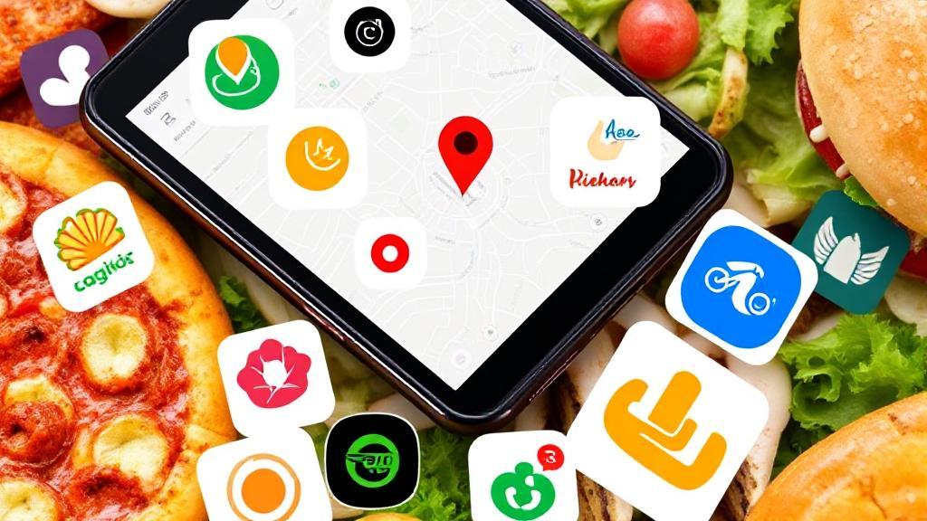 A collage of various food delivery app logos surrounded by a mix of food items like pizza, sushi, and burgers, set against a backdrop of a smartphone displaying a map.