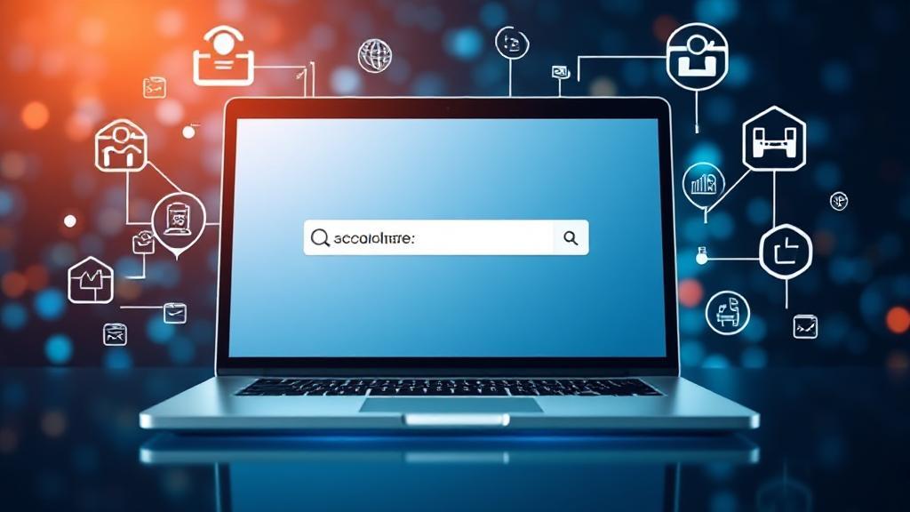 A sleek laptop displaying a search bar with a domain name query, surrounded by digital icons representing the internet and online connectivity.