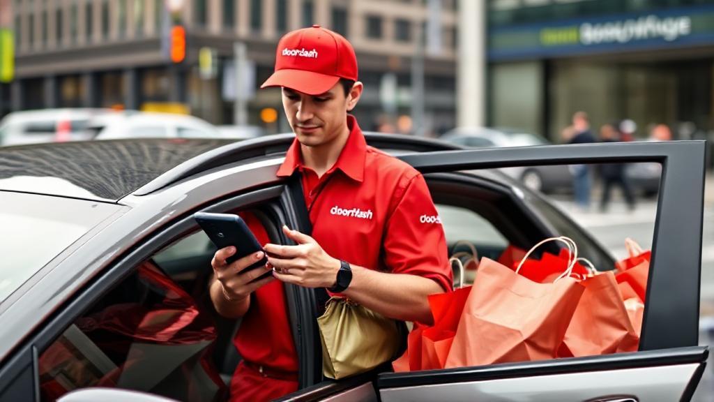 A DoorDash driver in a red uniform checks their smartphone while standing next to a car filled with delivery bags, set against a bustling city backdrop.