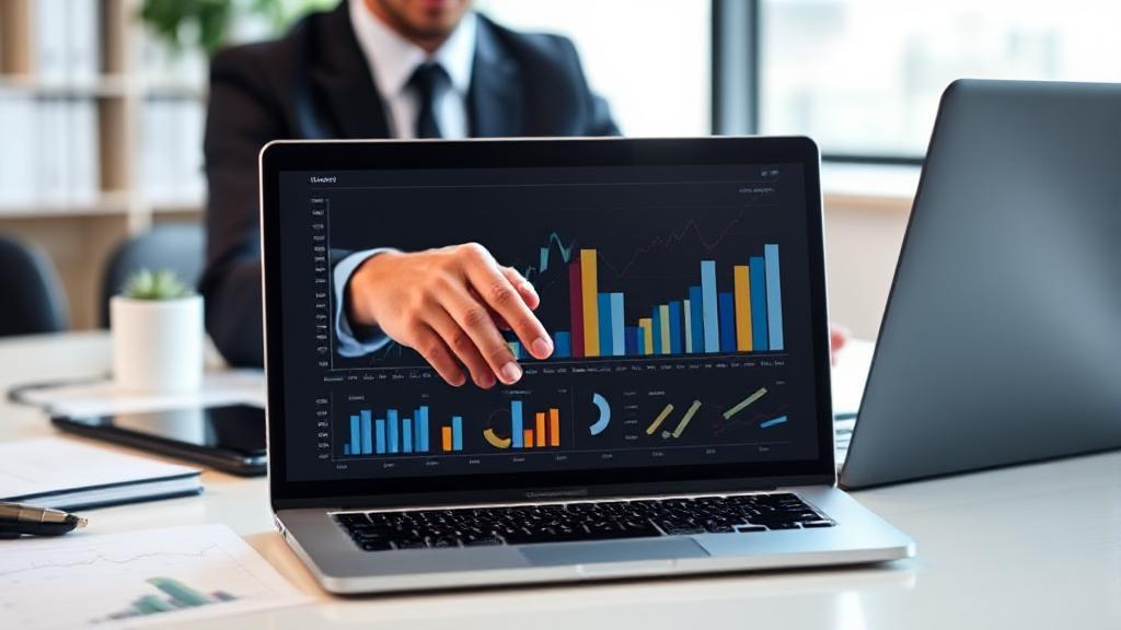A professional office setting with a project manager reviewing charts and graphs on a laptop, symbolizing financial growth and career success.