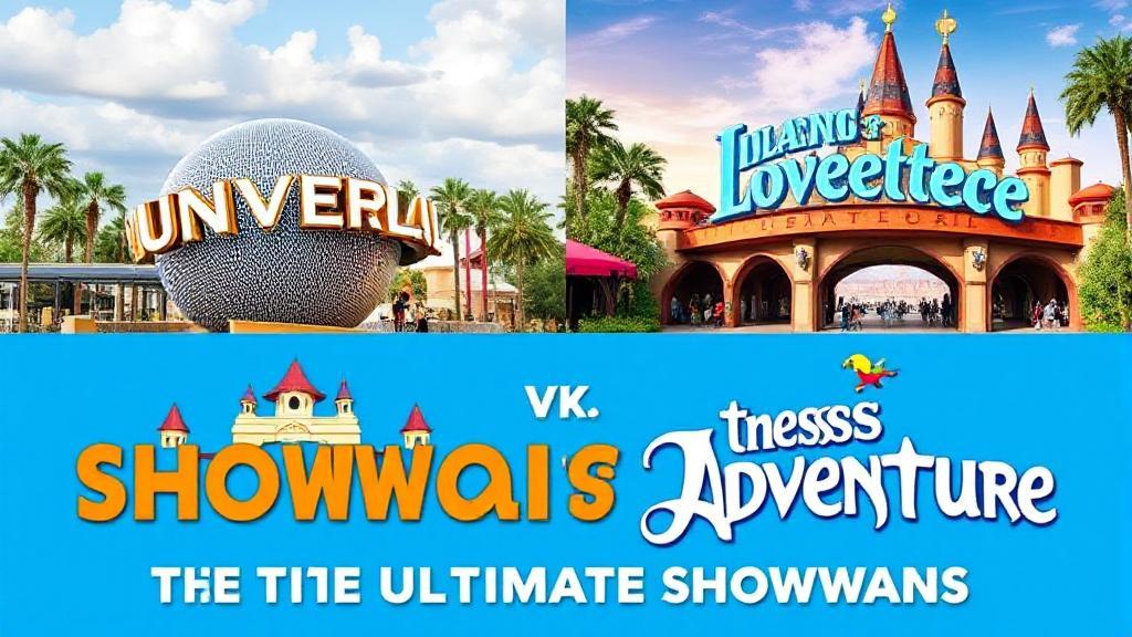A vibrant split-screen image showcasing iconic attractions from both Universal Studios Florida and Islands of Adventure, inviting readers to explore the ultimate theme park showdown.