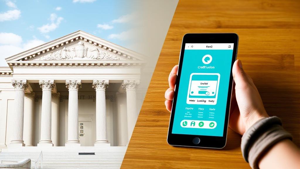 A balanced collage featuring a bank building, a credit union sign, and a digital tablet displaying an online lending app.