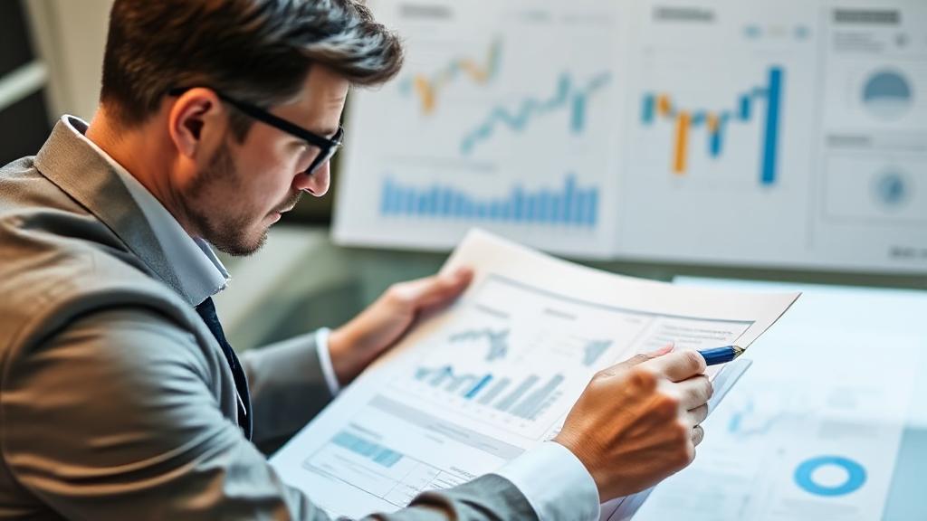A thoughtful financial advisor reviewing charts and documents, symbolizing guidance and expertise in financial planning.