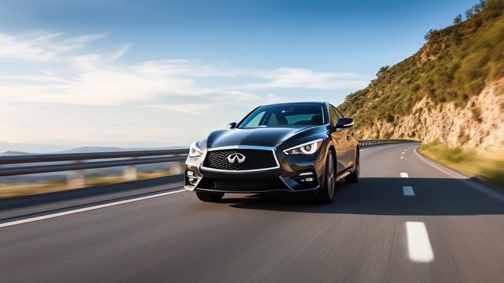 A sleek Infiniti vehicle cruising down a scenic highway, symbolizing reliability and performance.