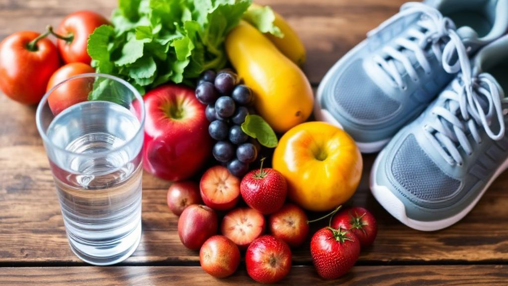 A serene scene of fresh fruits, leafy greens, a water glass, and a pair of walking shoes on a wooden table, symbolizing healthy lifestyle choices for lowering blood pressure naturally.