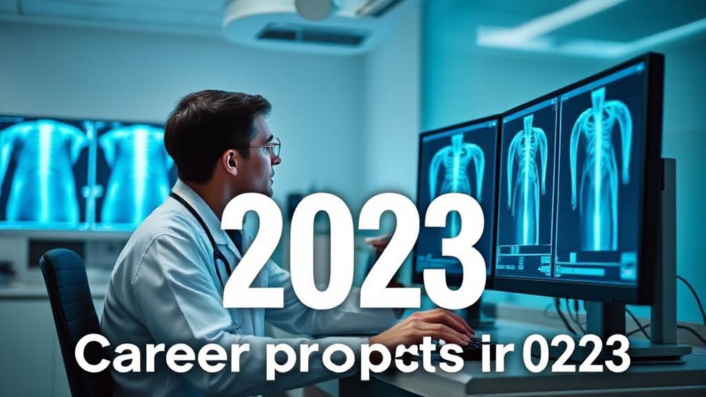 A modern radiology lab with a technician analyzing X-ray images on a computer screen, symbolizing career prospects in 2023.