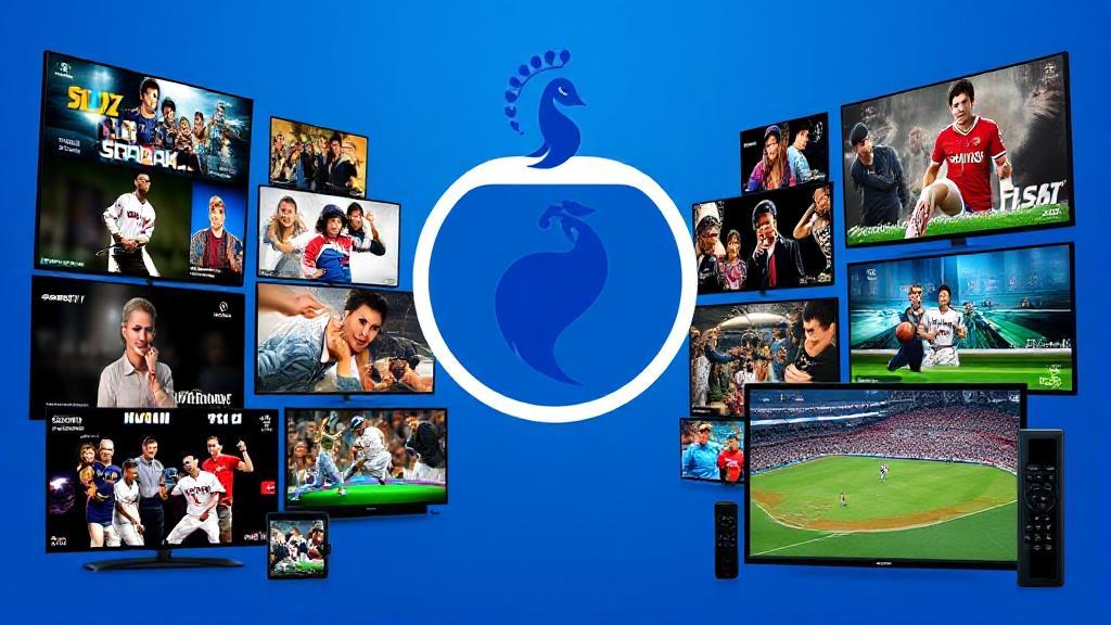 A vibrant collage of popular TV show icons and live sports events streaming on various devices, set against the Peacock logo.