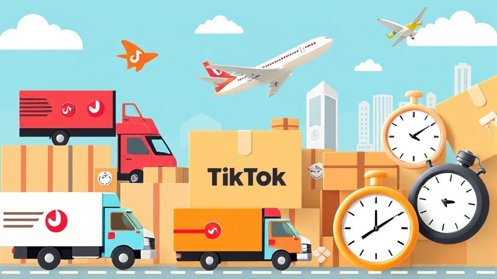 A vibrant collage of TikTok Shop packages in transit, featuring delivery trucks, planes, and clocks to symbolize varying delivery times.
