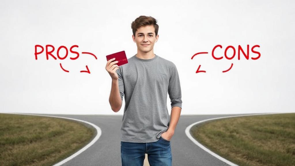 A young adult holding a credit card, standing at a crossroads symbolizing financial decisions, with pros and cons illustrated on either side.