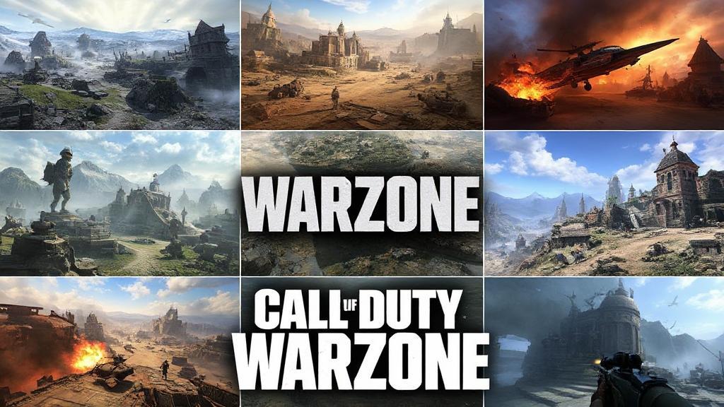 A dynamic collage showcasing iconic multiplayer maps from Call of Duty: Warzone, featuring diverse environments and intense in-game action.
