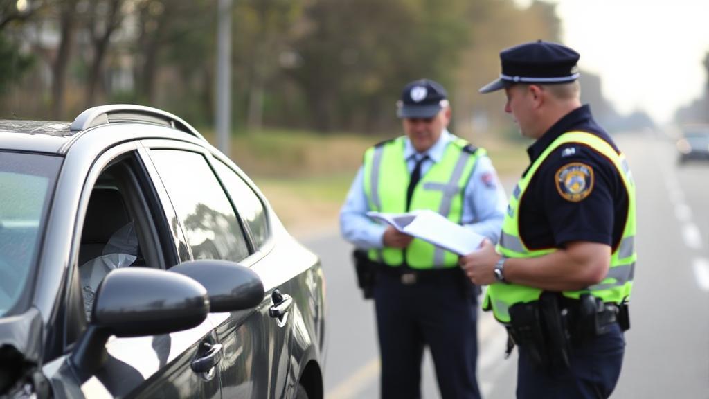 A concerned driver stands beside a damaged car, exchanging information with another driver while a police officer takes notes in the background.