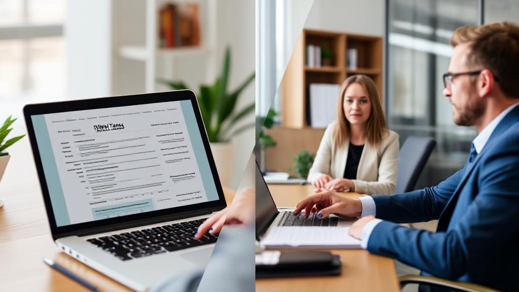 A split-screen image showing a person filing taxes online on a laptop and another person meeting with a tax advisor in an office.