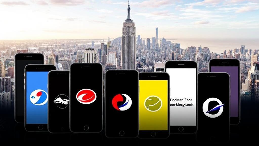 A collage of various smartphones displaying different carrier logos against a backdrop of a city skyline.