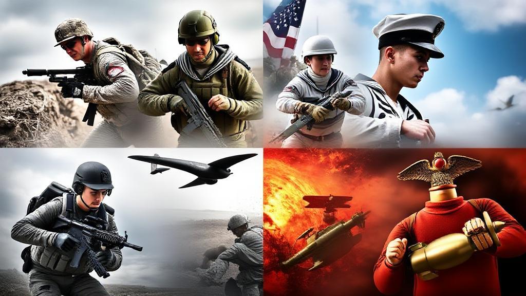 A dynamic collage of soldiers, sailors, airmen, and marines in action, symbolizing the diverse challenges across military branches.